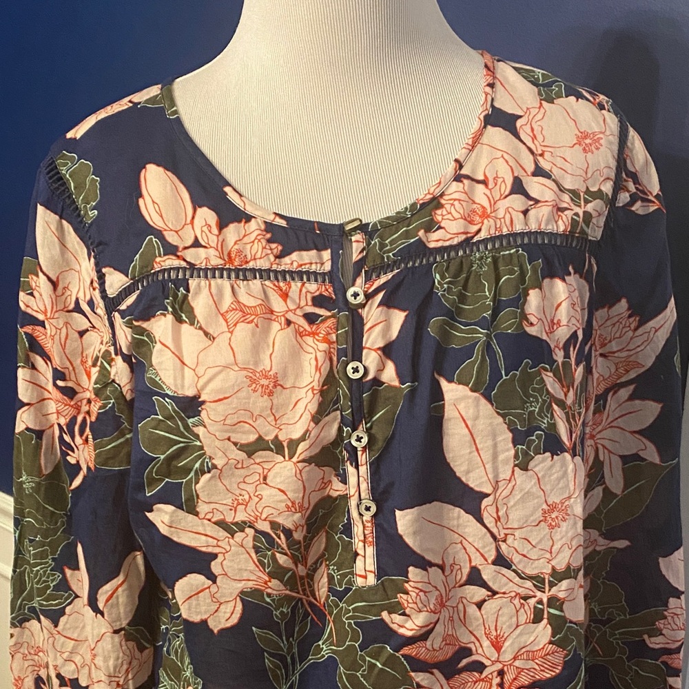 Talbots Navy and Pink Floral Blouse